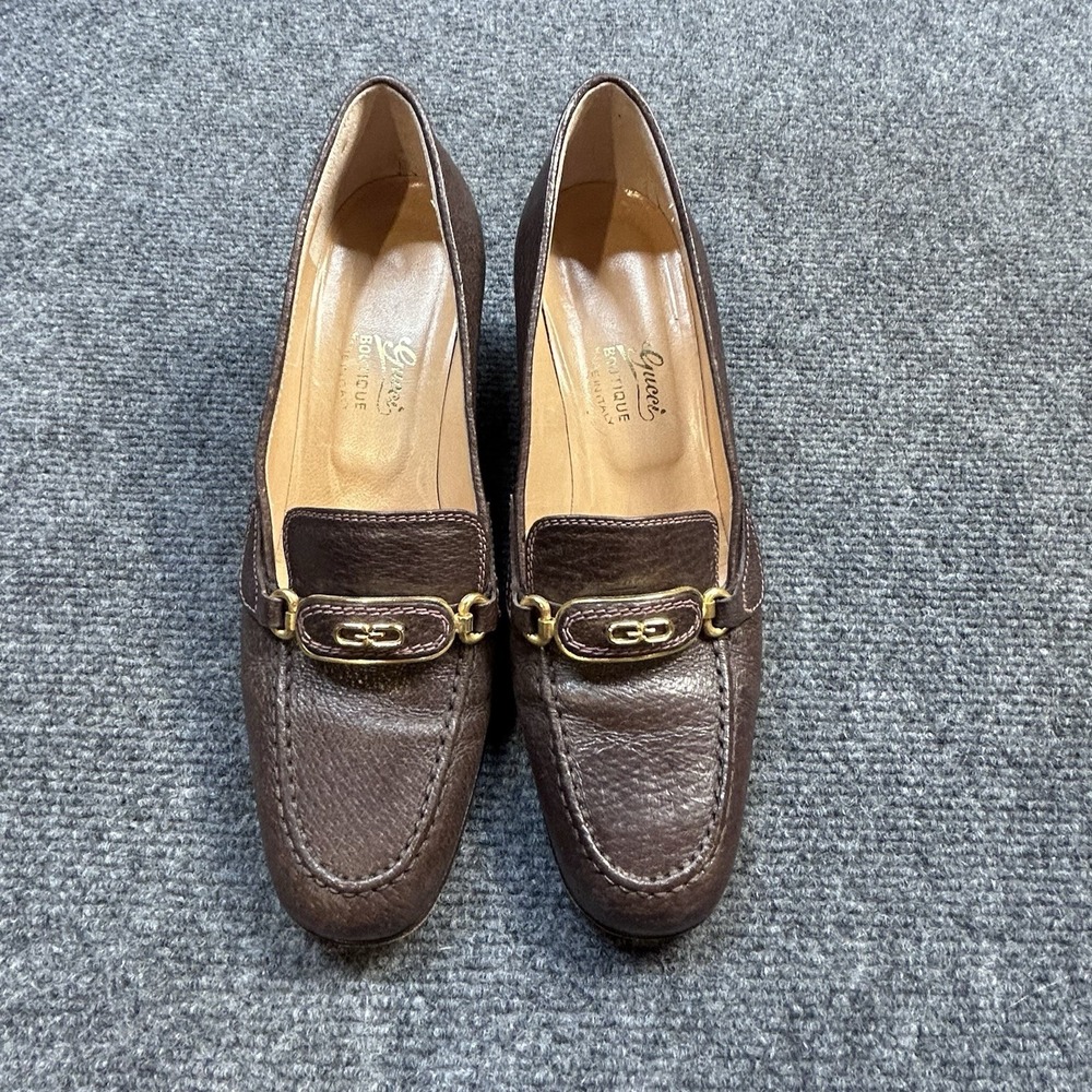 Vintage Gucci Womens Horsebit Heeled Loafers 37 AA Brown Pebbled Leather Pumps
